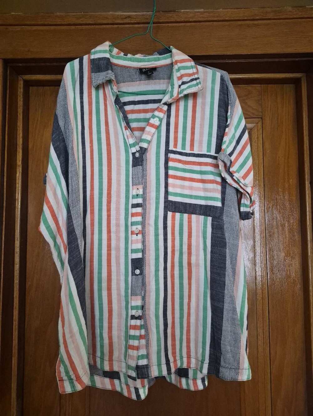 Lightweight Striped Button-Up Shirt in White, Green & Orange